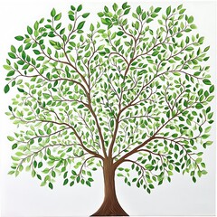 A central composition of a tree with green leaves, set against a white background. The detailed depiction showcases the tree's branches and the lushness of the leaves