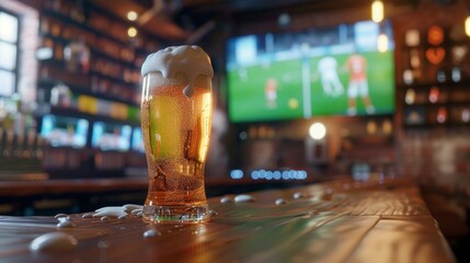 Cinematic closeup of chilled beer on bar with frothy bubbles and blurred soccer games in background