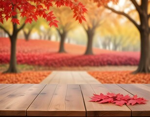 Empty wood table top and blurred autumn tree and red leaf background - can used for display or montage your products