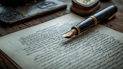Elegant fountain pen rests on antique handwritten document.
