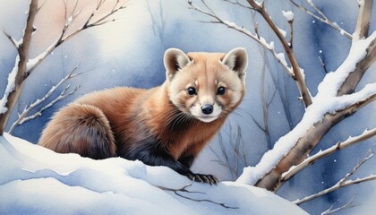 Watercolor illustration showcases a marten in a serene winter landscape with snow-covered branches and a tranquil background