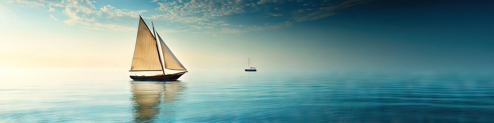 Fototapeta premium Serene Sail: A small boat gracefully gliding across calm water, with a vintage sailboat in the distance.