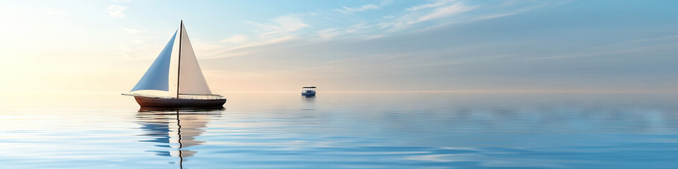 Fototapeta premium Serene Sail: A small boat gracefully gliding across calm water, with a vintage sailboat in the distance.