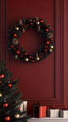 Christmas wreath hanging on red wall with christmas tree and presents below