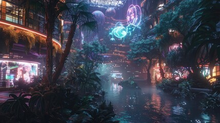Fototapeta premium A vibrant, futuristic landscape featuring neon lights, water, and lush vegetation.