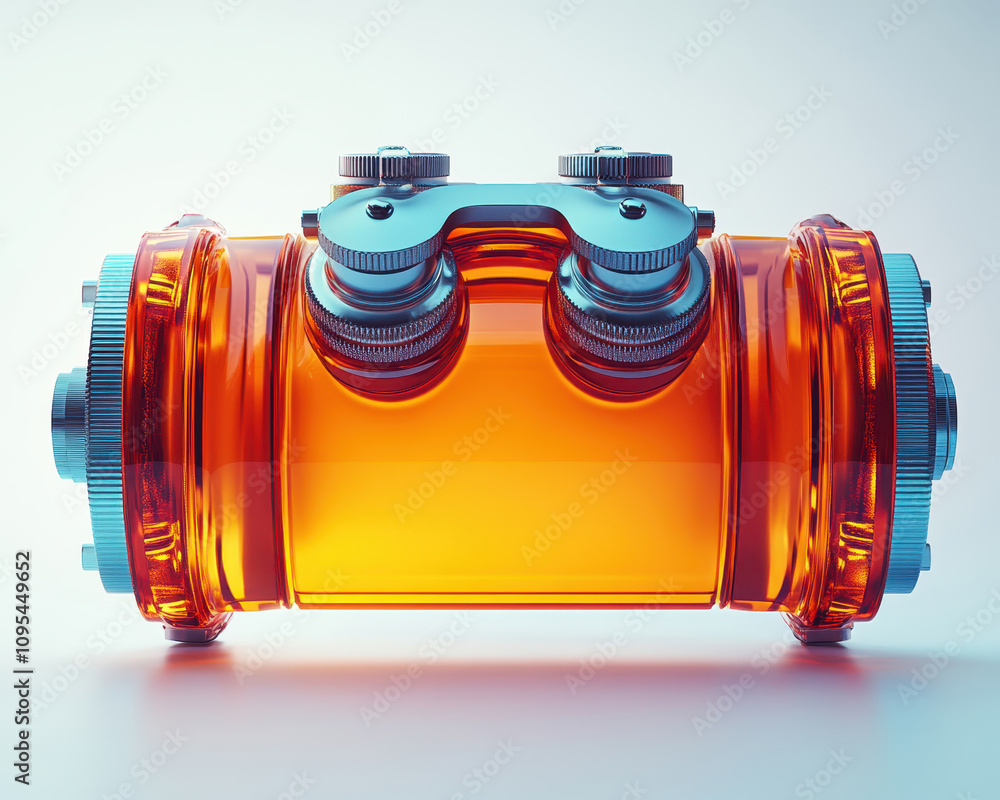Poster futuristic industrial object with cylindrical design and orange transparent components