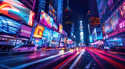 Vibrant cityscape at night with colorful lights and busy traffic.