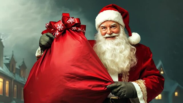 Jolly santa claus holding a red sack with gifts in front of a wintry scene happy st. nicholas day ai - Powered by Adobe