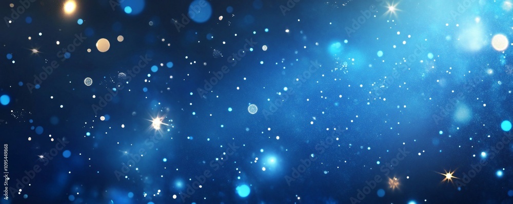 Poster abstract blue background with sparkling glittering particles and stars