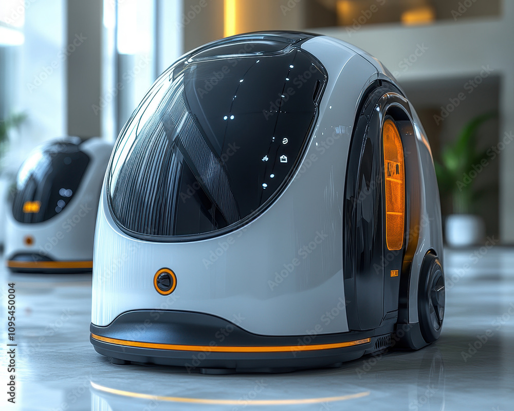 Poster futuristic autonomous mini vehicle in modern building interior with reflection and minimal design