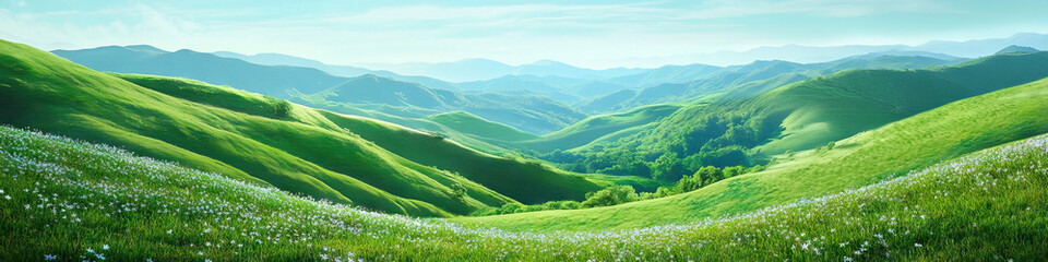 Fototapeta premium Verdant Hillscape: Lush green hills stretch to the horizon, dotted with wildflowers.