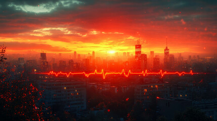 Futuristic city skyline with glowing pulse and digital overlays in vibrant orange and blue tones, symbolizing technology and data