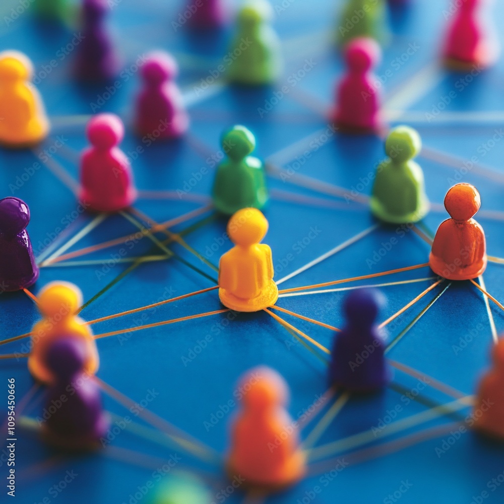 Poster colorful figures interconnected by thin lines on a blue background, representing networking or conne