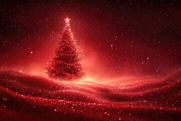 Christmas background with xmas tree and twinkle bokeh lights on red canvas background. Merry christmas card. Winter holiday theme. Happy New Year. Space for text.