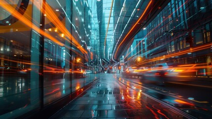 Fototapeta premium A vibrant urban scene with light trails and reflections on wet pavement.