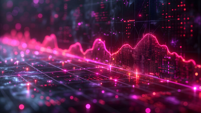 a vector presentation template for statistics in positive market value off black and dark purple neon colors