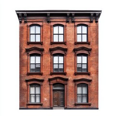 Fototapeta premium Old brick wall showing multiple windows on building facade, architectural detail background 