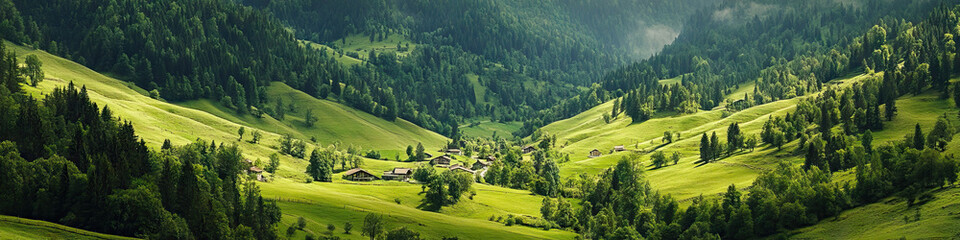 Obraz premium Verdant Valley: A peaceful valley nestled between rolling hills, home to a quiet village and lush vegetation.