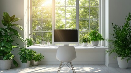 Bright home office workspace with natural light, large glass windows, greenery, wooden desk, computer monitor, cozy modern interior, plants, productivity, peaceful environment