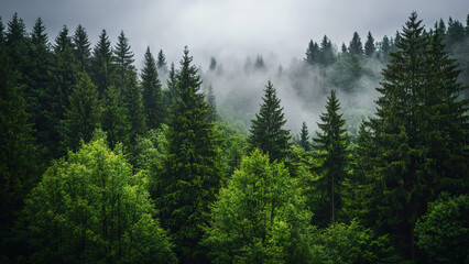 Obraz premium Misty forest landscape background with lush greenery and atmospheric mood