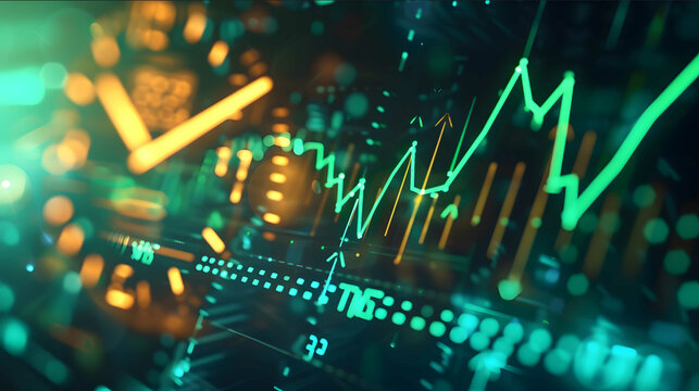 A photograph of a rising graph with arrows glowing green lines near a digital clock showing 30 minutes against an abstract digital background Background w - Powered by Adobe