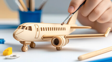 Precision and creativity in painting a wooden model airplane with skillful attention to detail on a clean white surface