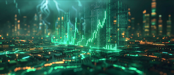 a CPU made out of an abastract green stocks bar chart dramatic cinematic lighting lightning bolts