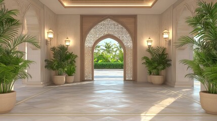 Fototapeta premium Luxurious Modern Arabian Foyer with Grand Entrance and Intricate Woodwork | 3D Render Digital Artwork