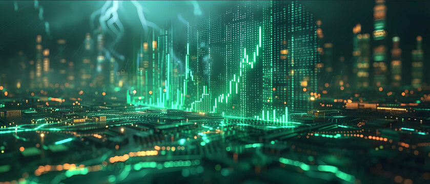 a CPU made out of an abastract green stocks bar chart dramatic cinematic lighting lightning bolts
