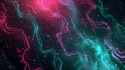 an abtract background for a presentation powerful cyberpunk inspired neon pink and teal glitchcore logo hand drawn illustration over black background illu