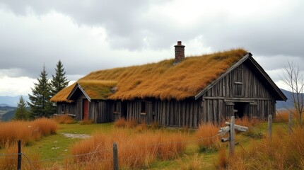 Obraz premium Old Viking Longhouse in Norway's Landscape