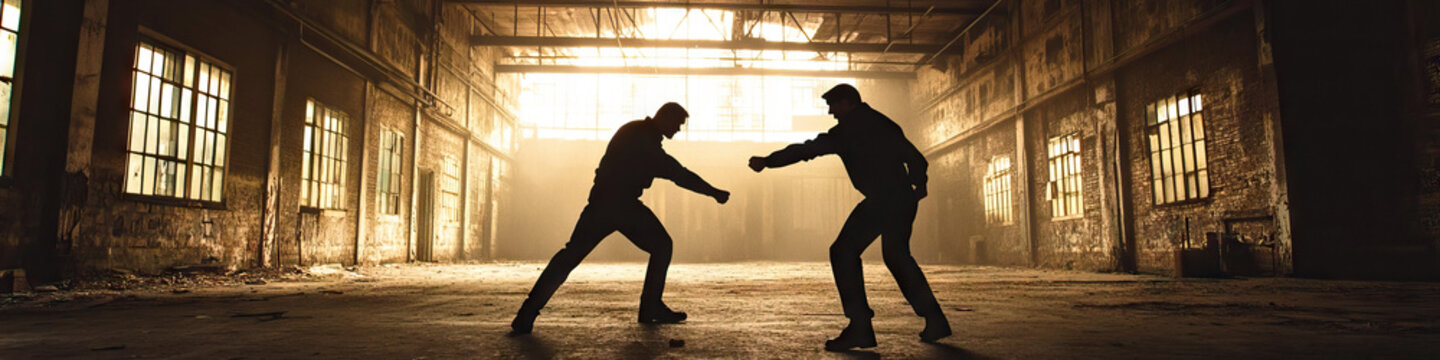 A tense standoff between two hitmen, each poised to strike, in an abandoned warehouse.