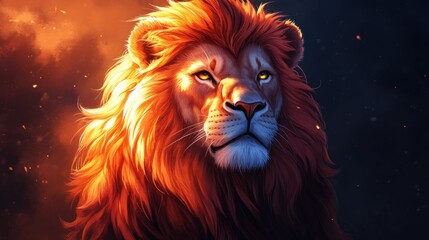 Fototapeta premium Close-up portrait of a majestic lion with a fiery orange mane, glowing eyes, and dark background, representing pride, courage, power, wildlife art, artistic animal design.