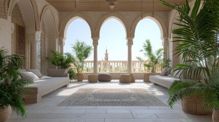 Fototapeta premium Luxurious Arabian-Inspired Rooftop Terrace with Modern Seating and Lush Greenery for Gatherings | 3D Render Digital Artwork