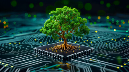 Digital green tree growing from modern microchip as new green technology