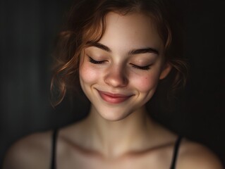 Fototapeta premium A woman smiling with her eyes closed and a black background