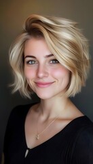 Fototapeta premium A woman with a blonde haircut smiling at the camera