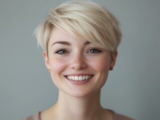A woman with a blonde haircut smiling at the camera