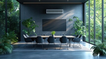 Bright modern conference room with glass walls, wooden table, black chairs, green plants, natural light, minimalistic corporate decor, stylish interior, contemporary office design, clean workspace.