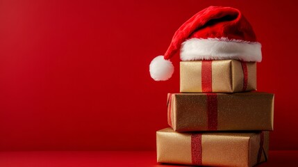 Holiday Gifts Wrapped in Gold with a Red Santa Hat on Top
