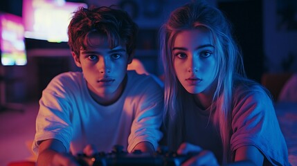 Obraz premium Teenagers playing video games together at night.