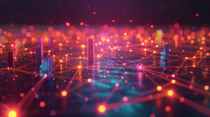Naklejka premium Creates a conceptual illustration of a futuristic city at night where buildings are glowing nodes connected by bridges of colored light representing the e