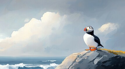 Obraz premium A stunning portrayal of a plump avian perched majestically on a boulder, gazing over the vast seascape with a backdrop of billowy skies