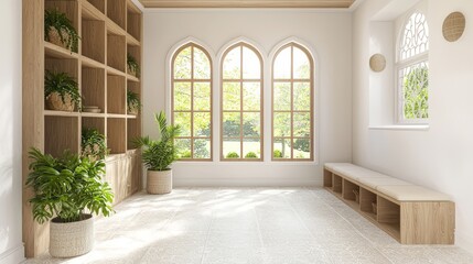 Luxurious Modern Arabian Mudroom Interior Design with Organized Storage and Cozy Bench | 3D Render Digital Artwork