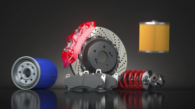 Car parts or auto car spare for maintenance on black background