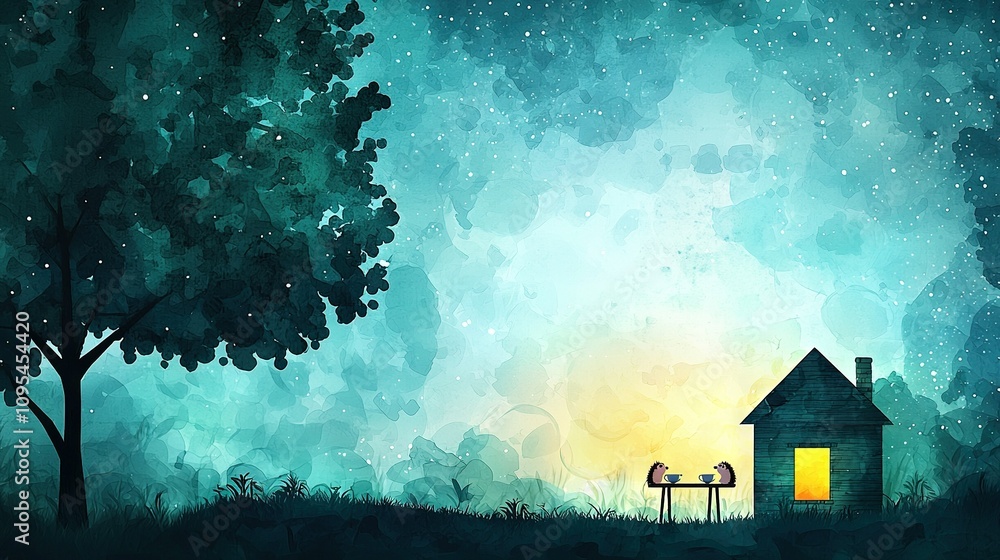 Poster a stunning depiction of a rural abode surrounded by verdant fields and flanked by a majestic tree in