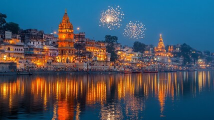 Obraz premium Vibrant Fireworks Light Up Hindu Temples Along River at Dusk