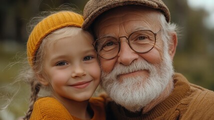 Obraz premium Grandfather and granddaughter smiling together outdoors, warm sunlight, happy family moment, straw hat, bonding, golden glow, cheerful expressions, multigenerational love.