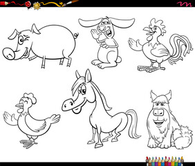 cartoon farm animals characters set coloring page