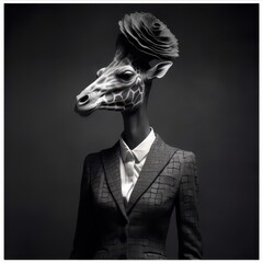 Obraz premium Surreal Giraffe in Formal Suit and Top Hat - Monochrome Portrait